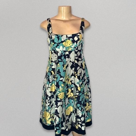 BCBG Paris Dress Floral Sleeveless Pleated Skirt Square Neck Silk Blue/Yellow 2 - Picture 1 of 13